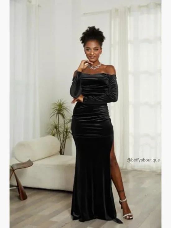 Long Sleeve Velvet Maxi Dress Off Shoulder Formal Evening Gown High Split - Picture 3 of 7